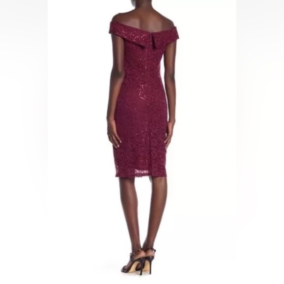 NWT Marina Burgundy Sequin Lace Floral Sheath Cap Sleeve Cocktail Dress Size 14 - Picture 2 of 14